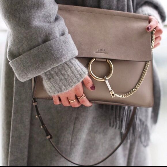 Chloe Faye Medium Bag Purse Shoulder Suede Leather Gray Taupe Tan Chain Italy